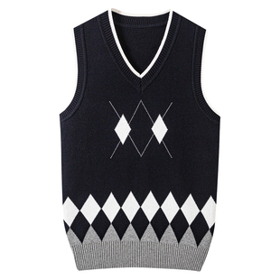 伊顿校服工厂直销双层格子藏青马甲菱形格无袖保暖学生条纹秋冬春