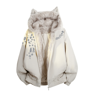 查尔斯桃心涂鸦毛领杜宾座山雕棉服男女冬季保暖连帽加厚棉衣外套