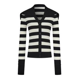 曼德诗黑白条纹开衫春秋新款复古翻领短款羊毛衫精纺针织上衣