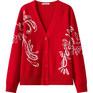 播商场同款新年红色提花针织开衫女春季新款毛衣外套BDS1UD1080