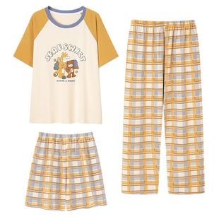 浪莎睡衣女三件套装夏季纯棉短袖长裤全棉薄款短裤大码套头家居服