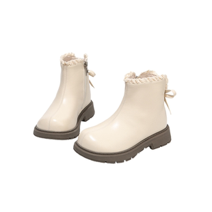 真皮女童鞋子秋冬新款2025小女孩蝴蝶结公主靴洋气女宝中大童短靴