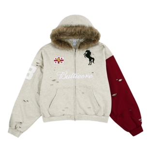 Protocol index毛领拼接撞色战马拉链连帽衫卫衣美式休闲破坏外套