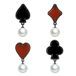 硬糖原创首饰幸运纸牌黑色红色爱心耳环纯银玛瑙四叶草珍珠耳钉女