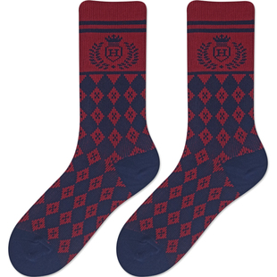 复古英伦风暗红色格子女袜秋冬纯棉中筒新年圣诞皮鞋袜菱形格靴袜