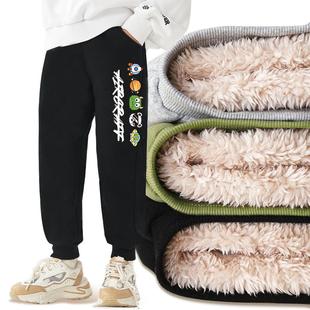 拉夏贝尔男童裤子秋冬款加绒加厚2026新款卫裤儿童羊羔绒保暖棉裤