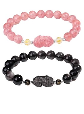 情侣貔貅手链草莓晶黑曜石情侣款