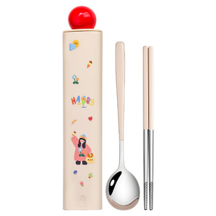 小学生便携餐具不锈钢筷勺套装儿童专用创意可爱一人用筷子收纳盒