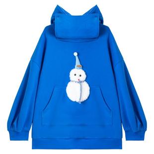 KEIKO 克莱因蓝美式连帽卫衣女25秋冬重磅加绒宽松慵懒小雪人外套