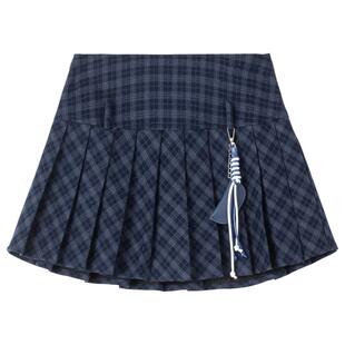 KEIKO 学院风藏青格纹百褶半身裙2026春季软糯磨毛显瘦a字JK短裙