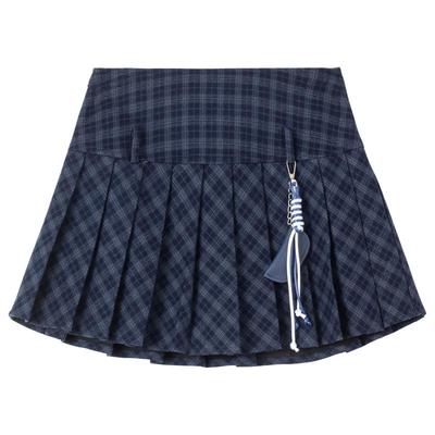 KEIKO学院风藏青格纹百褶半身裙