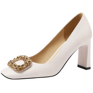 水钻方扣单鞋女浅口2025春季新款配裙子气质方头真皮粗跟高跟鞋子