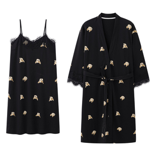 浪莎纯棉吊带两件套睡裙女春秋季舒适高级感长袖睡袍家居服可外穿