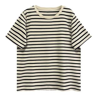 实体店高货。磨毛条纹短袖T恤宽松打底衫上衣欧货百搭显瘦休闲女