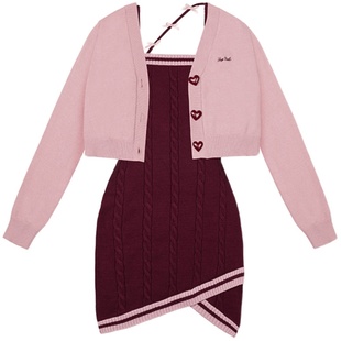 SagiDolls少女斗志 #奶派甜心#粉色浪漫纯欲毛衣连衣裙套装显瘦乖