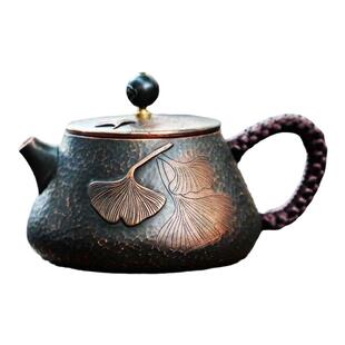 铜茶壶手工紫铜黄铜银杏叶雕花泡冲煮茶壶加厚侧把木柄小号迷你