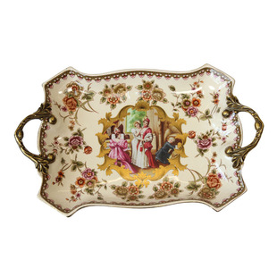 欧式奢华合金陶瓷托盘美式别墅样板房大水果盘杂物收纳盘装饰摆件