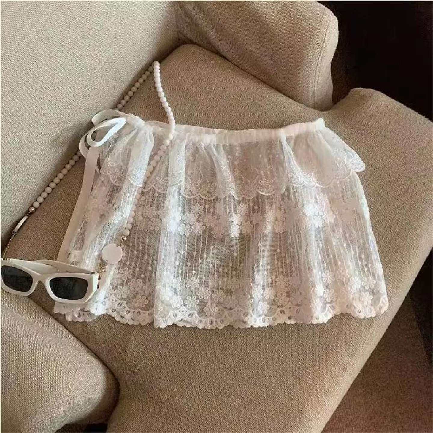 白色网纱蕾丝屁帘女秋冬新款抽绳系带叠穿半身裙女遮臀遮胯短裙子