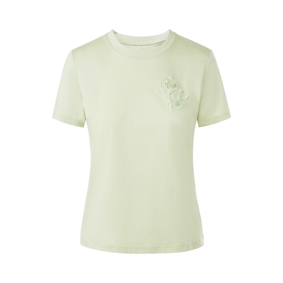 朗姿/LIME莱茵棉质蕾丝花朵刺绣钉钻T恤简约短袖2026年夏季新款