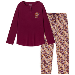 SCHIESSER舒雅女士棉莫代尔印花圆领亲肤透气大码睡衣家居服套装