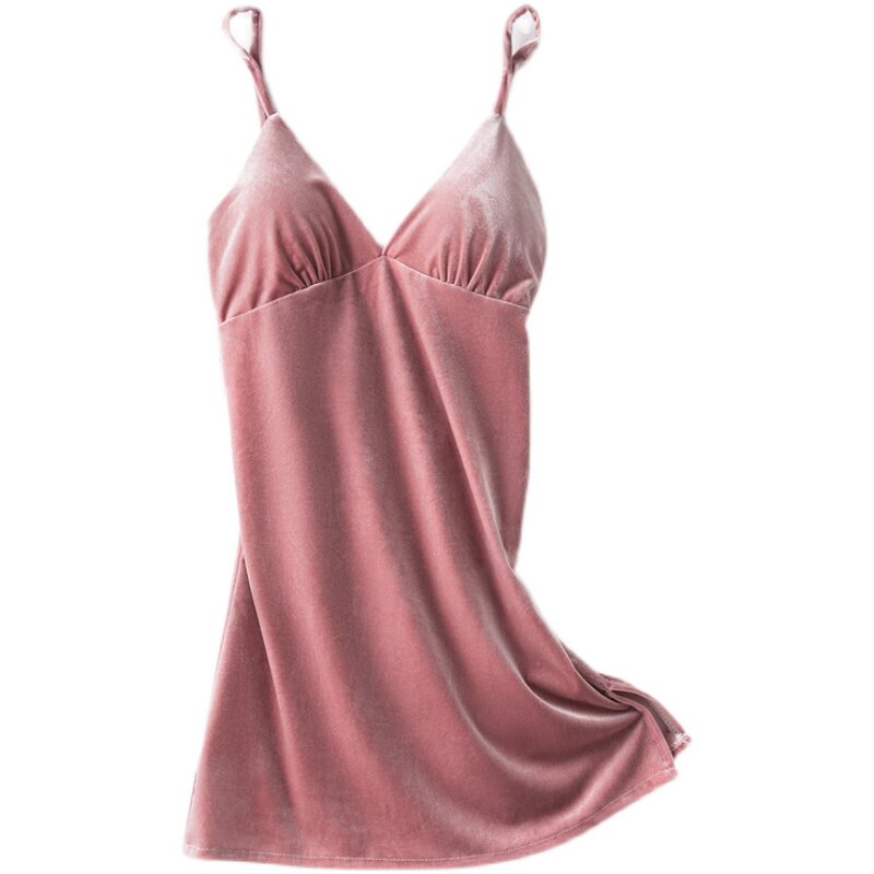 睡衣女秋冬款金丝绒性感吊带睡裙内衣带胸垫红色高级感家居服短裙
