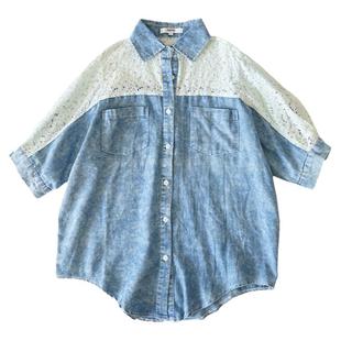 日系女士薄款软牛仔衬衫夏季休闲短袖蕾丝拼接镂空系扣上衣1313