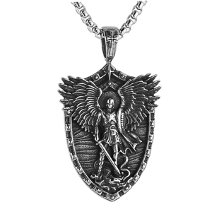 大天使长圣米迦勒骑士盾牌吊坠嘻哈朋克男个性钛钢复古项链不掉色