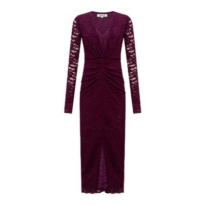 DVF梅子红V领前开衩蕾丝连衣裙