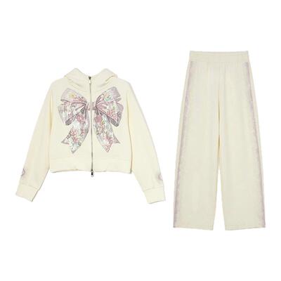 TCH潮牌烫钻蝴蝶结黄色连帽卫衣外套阔腿裤休闲套装女T78A07E1120