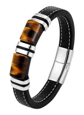 本命年转运天然黄虎眼石手链男士黑色真皮手绳高级感复古情侣手环