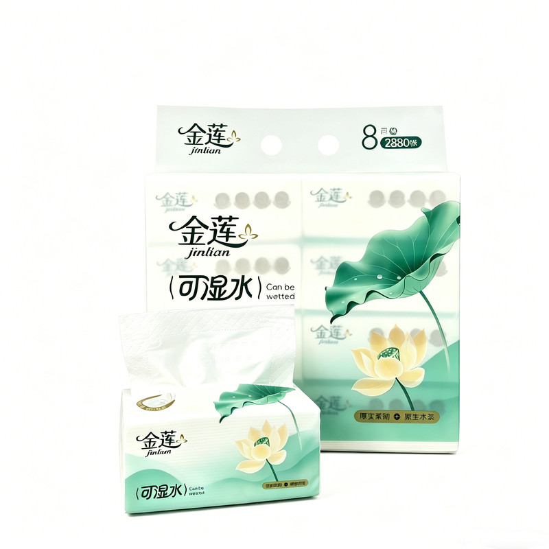 金莲抽纸6层加厚厚实可湿水360张8包装原生木浆家用面巾纸餐巾纸