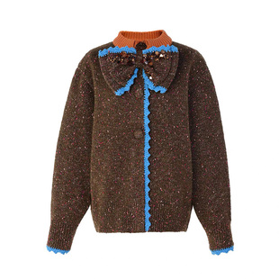1JONIbyBEB秋冬美拉德金棕系拼橙色蓝色钩花蝴蝶结亮片毛衣开衫
