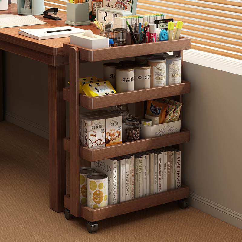 全实木书架置物架落地小推车多层储物柜简易架子架收纳零食展示架