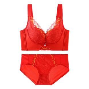 浪莎红色本命年内衣女结婚新娘无钢圈聚拢胸罩性感文胸内裤套装DT