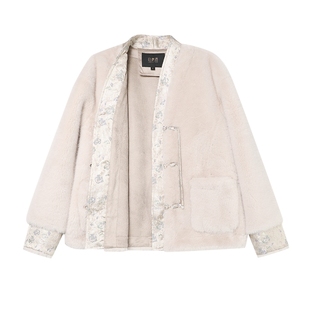 白鹿语新中式仿皮草大衣2024冬新款V领毛感拼国风提花盘扣外套女