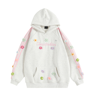 INSstudios 国潮牌情侣美式手缝立体花卉卫衣宽松套头加绒连帽衫