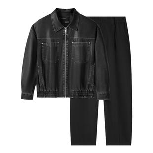 GXG男装 24年秋季款时尚擦色pu皮夹克外套宽松锥形长裤休闲套装