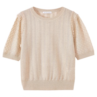 水云间卡其色毛针织衫短袖女圆领正肩上衣蕾丝边轻薄宽松2026秋款