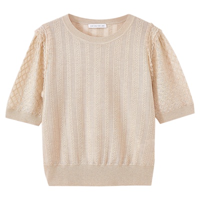 水云间卡其色毛针织衫短袖女圆领正肩上衣蕾丝边轻薄宽松2026秋款