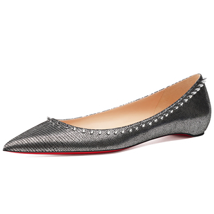 平底单鞋女2025新款法式真皮红底铆钉蜥蜴纹尖头浅口气质内增高鞋