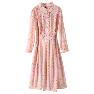 未风粉色雪纺碎花连衣裙女2026春季新款气质女装法式长袖收腰裙子