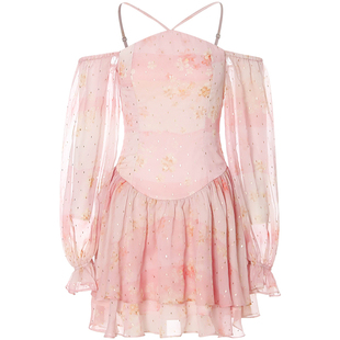 sincethen法式复古连衣裙长袖碎花裙粉色短裙高级感裙子百搭A字裙