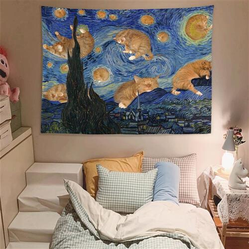 星空橘猫背景布 复古油画艺术挂布租房改造卧室宿舍床头装饰挂毯图片