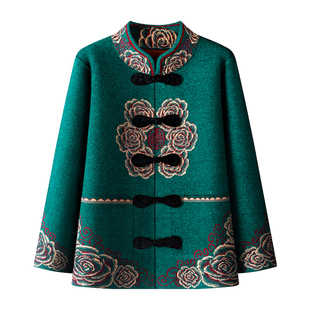 奶奶春秋装毛呢外套加厚中老年人女唐装妈妈新中式套装老太太衣服