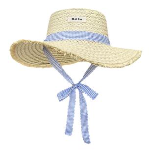 法式平顶系带草帽女夏季海边度假遮阳防晒草编帽大帽檐沙滩帽子潮