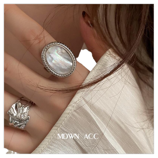 韩版椭圆贝母戒指女复古时尚几何不规则开口指环嘻哈食指戒