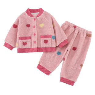 小女孩珊瑚绒家居服套装宝宝睡衣加绒女童洋气冬装两件套加厚甜美