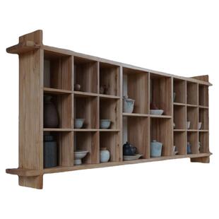 九间房实木置物架禅意多宝阁老榆木墙上瓷器茶具收纳展示方格架