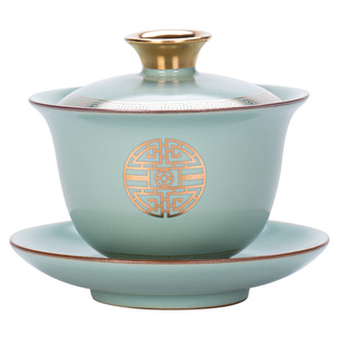 汝窑三才盖碗茶杯描金汝瓷开片单个正品陶瓷功夫茶具大号泡茶碗