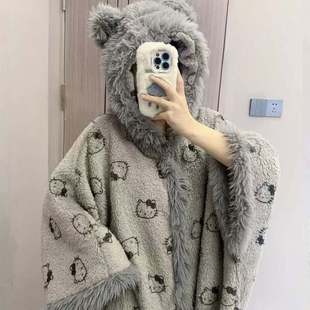 KT猫睡袍女秋冬季 加绒加厚连帽斗篷睡衣裙卡通家居服 珊瑚绒中长款